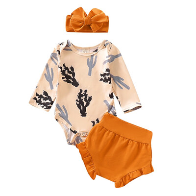 

3pcset Spring Autumn Casual Baby Printing Bodysuit Short Pants Headband Kids Three-piece Outfit Set