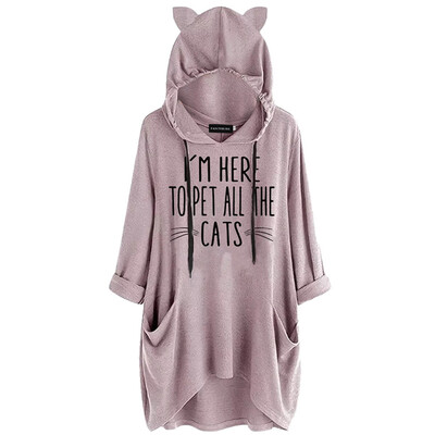 

Women Cat Ears Long Sleeve Hoodie Dress Casual Loose Cute Cat Printed Pocket Pullover Hoodie Hooded Sweatshirt