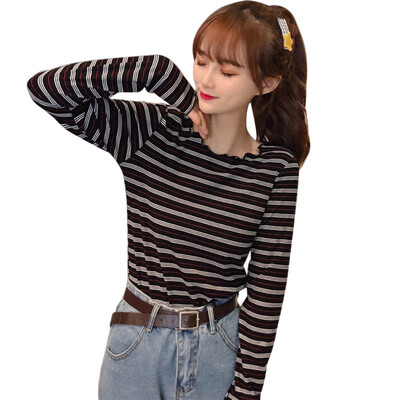 

New harajuku T shirt Women Round Neck Striped Long Sleeve T-shirts For Women Slim Wild Black White T-shirt
