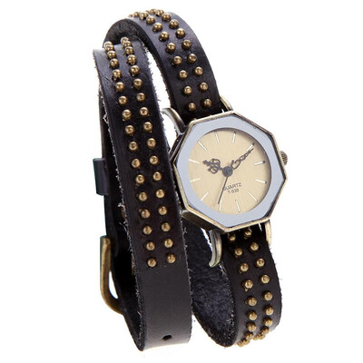 

Women Lady Quartz Wrist Watch Vintage Rivets Octagon Bronze Wrap Strap Bracelet