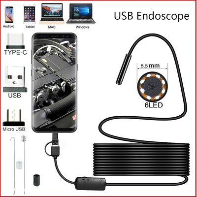 

12355M USB Endoscope 3 In 1 Borescope 6 LED 55mm Ultra Thin Waterproof