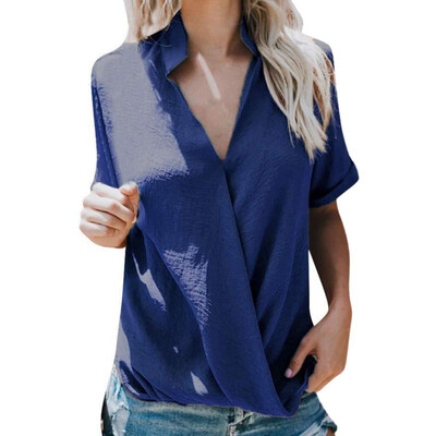 

Womens Solid Stand Collar Short Sleeve Chiffon Blouse