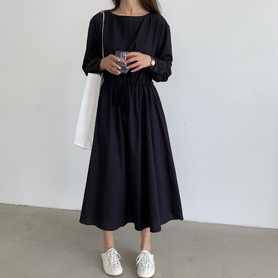 

Tailored Women Casual Solid Round Neck Dress Long Sleeve Beam Waist Big Swing Dress