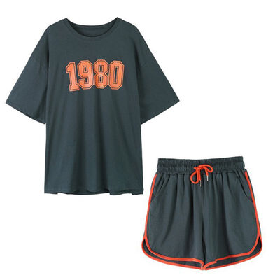 

Women Summer Loose Simple Number Letter Print Round Neck Short-sleeved Tops Solid Color Shorts Two-Piece set women 2019 New