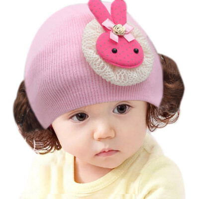 

Newborn Cute Baby Hat Toddler Baby Warm Knit Hat Girls Caps Cartoon Bowknot Cap Girls Fake Hair Wig Hats Kids Headwear