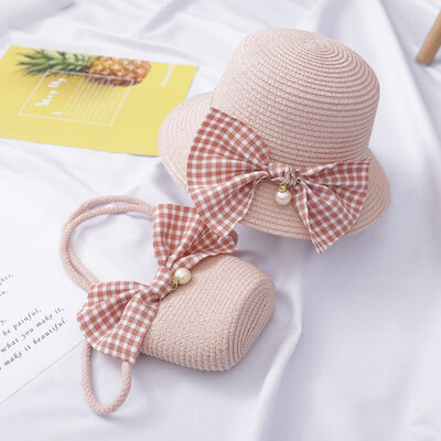 

Summer Cute Beach Bowknot Straw Sun Cap And Handbag Pearl Decoration 2pcs For Kids Girls 4-8Y Lovely Toddler Girl Wavy Hat