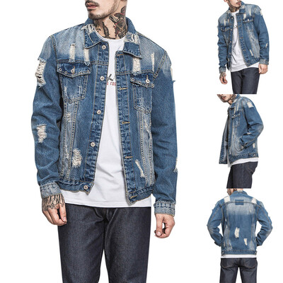

Toponeto Mens Autumn Winter Button Solid Color Vintage Denim Jacket Tops Blouse Coat