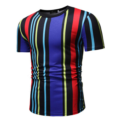 

Toponeto Mens Striped Splicing Pattern Casual Fashion Lapel Short Sleeve Shirt