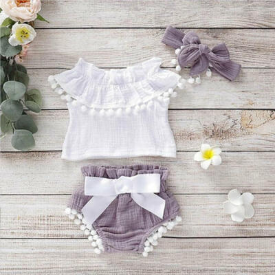 

AU Toddler Baby Girl Ruffle Tops Pants Headband Shorts Summer Cotton Clothes