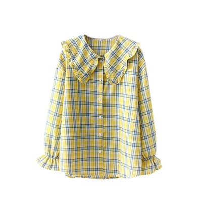 

Women Plaid Shirt Long Sleeve 2019 Spring Tops Ladies Vintage Loose Doll Collar Trumpet Sleeve Casual Women Tops And Blouses
