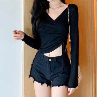 

Autumn Sexy V-neck Long-sleeved Womens Tees Fashion Novel Drawstring Design Solid Color Tshirt Tops