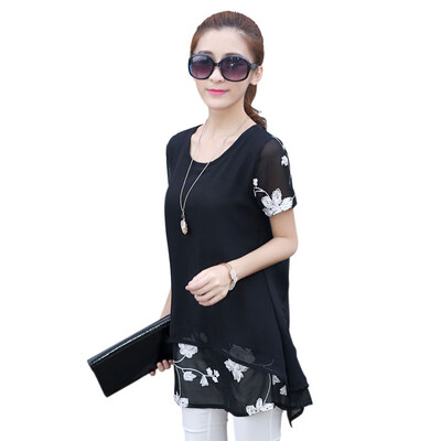 

Liva girl long Chiffon Blouse&tops Women Clothing Short Sleeve floral Print Patchwork White Tops o-neck loose Shirts tops