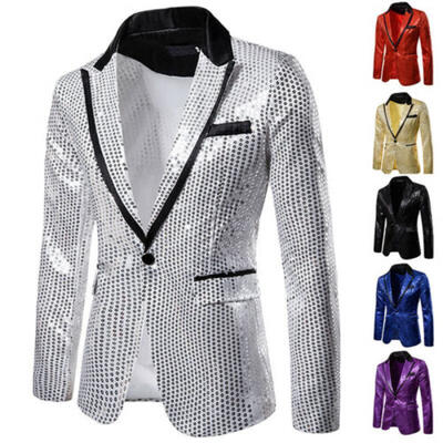 

Mens Sequin Glitter Tuxedo Slim Fit One Button Suit Blazer Business Coat Jacket