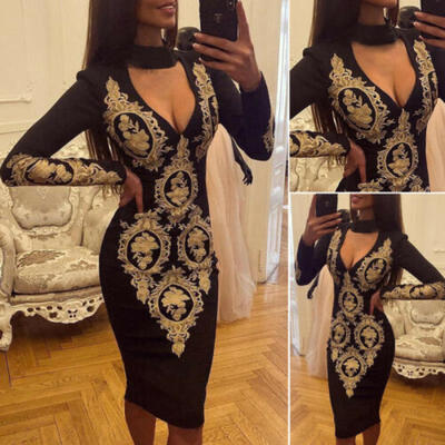 

Fashion Women Long Sleeves Deep V Neck Print Bodycon Club Party Long Dress -XL