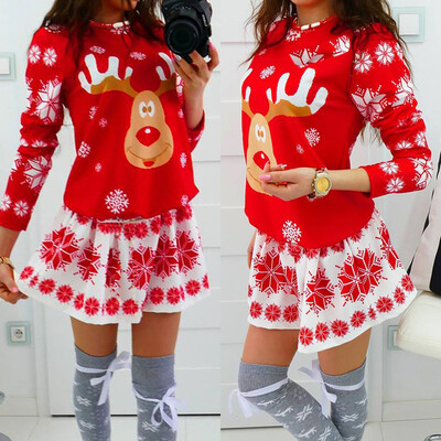 

Gobestart Fashion Merry Christmas O-Neck Snowflake Elk Print Xmas Long Sleeve Mini Dress