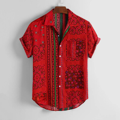 

Tailored Mens Vintage Ethnic Printed Turn Down Collar Short Sleeve Loose Casual Shirts