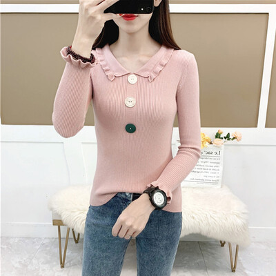 

Slim Bottom Knit Sweater Women Sweater Autumn Winter Solid Color Long-Sleeved Lapel Button Bottoming Jumpers Pullover
