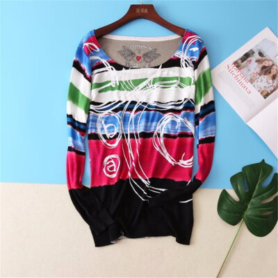 

NEW FASHION DESIGUES SWEATER WOMENS SLIT NECKLINE SPRING SEXY FLORAL PRINT LONG-SLEEVE PULLOVERS