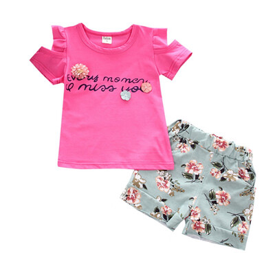 

Children Girls Casual Summer Letter Print Short Sleeve T-shirtFloral Shorts Suits 2Pcs Costume Set