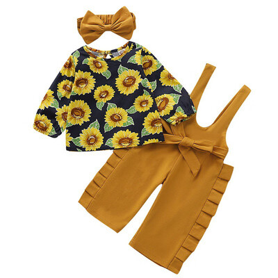 

3PCS Princess Girls Clothes Long Sleeve Cute Floral Blouse Tops Suspender Skirt Overall Headband Kids Girl Clothing Set