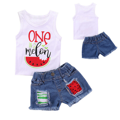 

Fashion Childrens Wear Set Infant Girls Sleeveless Cotton TopsHoles Cowboy Shorts Set Kid Summer Suits Baby Clothes Set