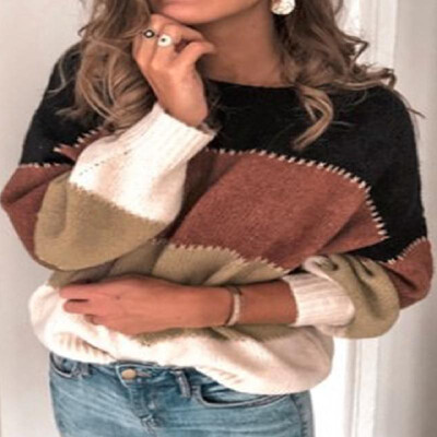 

Round Neck Long Sleeves Elastic Cuffs Wide Stripe Knit Jumper