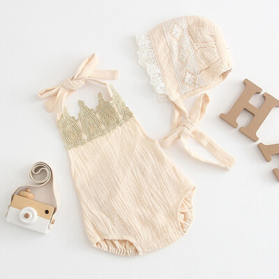 

Cute Summer Baby Girl Cotton Crown Pattern Lace Design Infant Sleeveless Strap JumpsuitHat Newborn Romper Set for Newborn