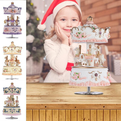 

Muslady Laxury Windup 3-horse Carousel Music Box ArtwareGift Melody Castle in the Sky PinkPurpleBlueGold Shade for Option