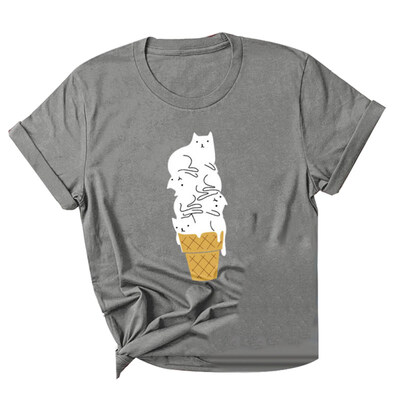 

Funny Cartoon Cat Ice Cream Print Summer T-Shirt Women Short Sleeve O-Neck Top