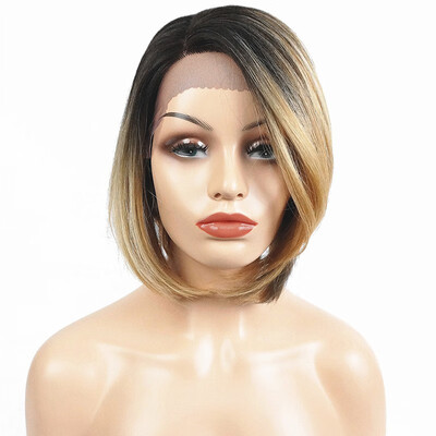 

StrongBeauty Bob Lace Front Wig with  Part Lace Wig Ombre Blonde Black Root Hand tied Invisible Synthetic Straight Wigs