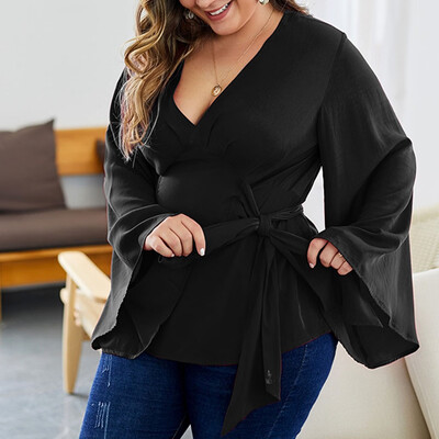 

Gobestart Womens Fashion V-Neck Plus Size Solid Color Strap Print Speaker Long Sleeve Top