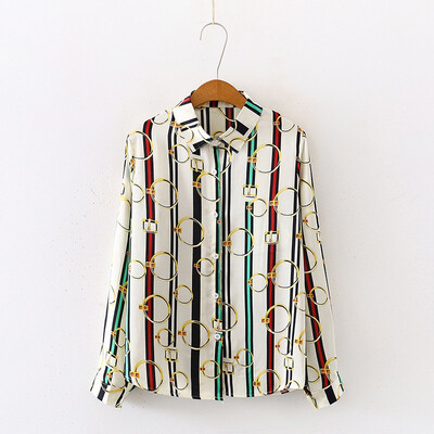 

New Elegant Women Blouse Fashion Patchwork Color Stripe Printed Tops&Blouses Female Long Sleeve Shirt