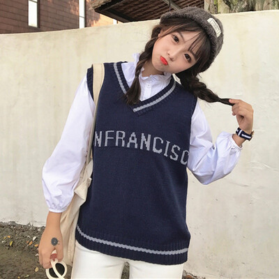 

Fashion Letter Knitted V-Neck Sweaters Sleeveless Sweet Girls Pullovers Slim Vest Style Sweater Autumn Loose Tops