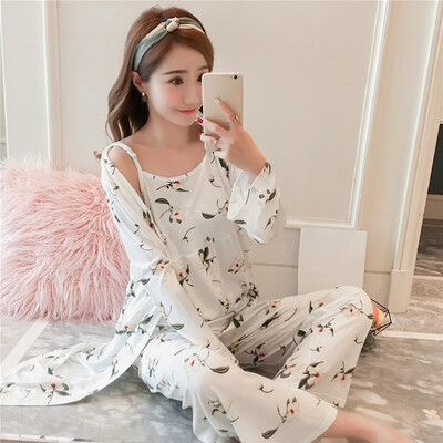 

3PC Women Sexy NightWear Floral Print Breathable Comfortable Casual Tank Top Coat Pants Set Female Sleepewear Nightgown Pajama