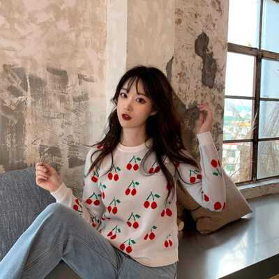 

womens sweater 2019 Autumn Winter Vintage Cherry Knitted Sweaters Pullover Female O-Neck Slim Kawaii Jumper Pull Femme Knitwear