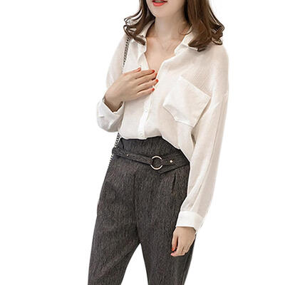 

Spring Women Shirt Bat Sleeve Pocket Loose Solid Color Stand Collar Tops
