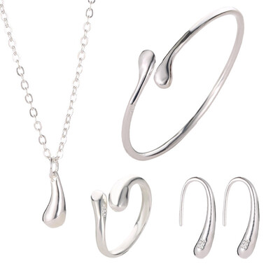 

4PCSSet Elegant Water Drop Women Necklace Earrings Bracelets Ring Kit Simple Girl Wedding Prom Party Jewelry Set