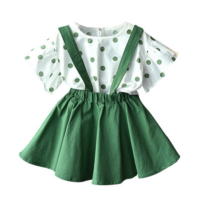 

Fashion Summer Baby Girl Clothes Butterfly Sleeve Polka Dot Print T-shirt BlouseStrap Skirts Casual Outfits Kids Clothes Set