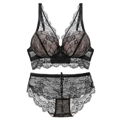 

Women Bra Sexy Lingerie Lace Embroidery Push Up With Steel Ring Gathering 34 Cup Bra Panties Set