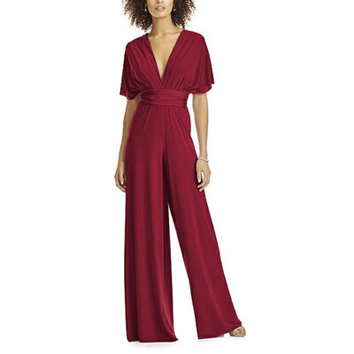 

Women Solid Color V-Neck Hanging Neck Wrapped Chest Vintage Backless 2019 Loose SummerWide Leg Jumpsuit