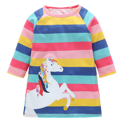 

New Fashion Childrens Dress Rainbow Striped Cartoon Printed Baby Girl Dress Long Sleeve Birthday Party Dress Outfits 1-7Y