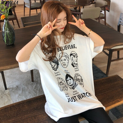

Womens Korean Style Round Neck Cartoon Head Portraits Print Short Sleeve T-Shirt With Hole