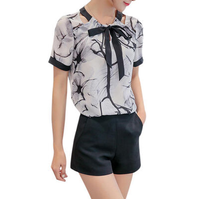 

Fashion Casual Slim Short Sleeves Chiffon Shirts Elegant Lady Office Blouses Tops