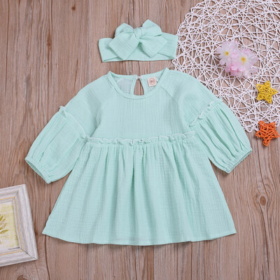 

Summer Casual Fashion Baby Girl Cute Solid Color Seven-quarter Sleeve Princess DressHeadband 0-4Y Lovely Toddler Girl Clothes