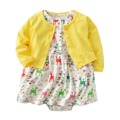 

Baby Girl Clothes Infant Cue Flower Deer Heart Print Dress with Solid Open Stitch Coat Set Childrens Clothing For Girl