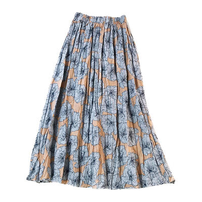 

Vintage Print Long Skirt Women Autumn Korean Elegant High Waist A-line Pleated Midi Skirt Female Wedding Party Skirts