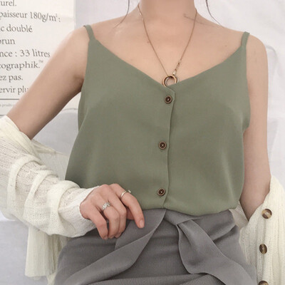 

Womens Simple Casual Fashion V-Neck Single Breasted Solid Camisole Brand New And High Quality