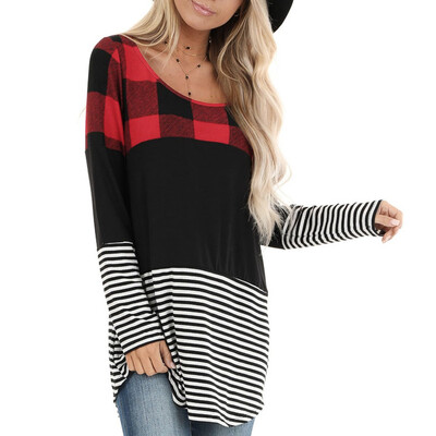 

Tailored Fashion Womens Color Block Plaid Striped Lace Long Sleeve Loose Pullover Tops