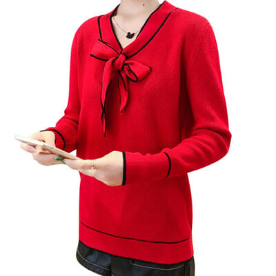 

Loose All-match V-neck Long-sleeved Womens Knit Pullover Fashion Sweet Bow Decoration Solid Color Sweater