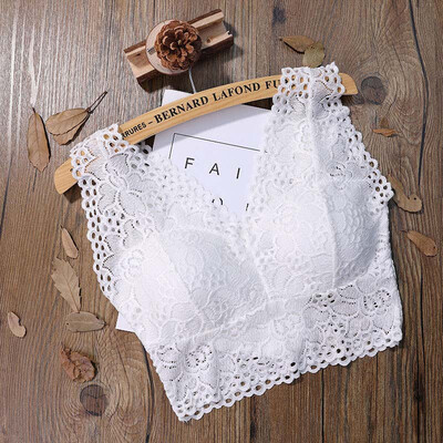 

Fashion New Ladies Sexy Lace Deep V-Neck Solid Color Flowers Hollow Lace Hem Vest Detachable Chest Pad Camis Tops Women